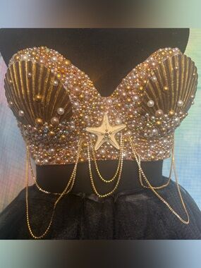 Brown and Gold Pearl-Embellished Mermaid Shell Bra- Women